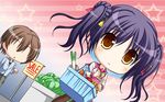  1girl 3-nin_iru! basket bell blush game_cg nakase_nagisa open_mouth purple_hair short_hair suzui_narumi yellow_eyes 