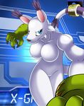  abs angry black_nose blue_background blue_eyes breasts card cat claws digimon ears_up feline female fur gatomon gloves long_tail looking_at_viewer magic_ring mammal nude plain_background pose rockmanzxadvent solo text white_fur x_gatomon 