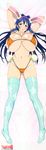  2013 absurdres animal_ears armpits arms_behind_head bikini blue_hair blue_legwear blush breasts bunny_ears dakimakura fake_animal_ears full_body highres huge_breasts huge_filesize long_hair long_image lying maken-ki! navel nijou_aki no_shoes official_art on_back purple_eyes shiny shiny_skin solo swimsuit takami_akio tall_image thighhighs 