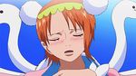  animated animated_gif blush bon_clay bouncing_breasts breasts large_breasts nami nami_(one_piece) one_piece orange_hair sweat 