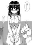  admiral_(kantai_collection) admiral_(kantai_collection)_(cosplay) ahoge blush breasts cleavage clenched_hand comic commentary_request cosplay gloves greyscale kantai_collection kiryuu_makoto large_breasts long_hair monochrome open_mouth out_of_frame pov solo_focus translated ushio_(kantai_collection) 