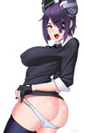  ass breasts checkered checkered_neckwear eyepatch highres kantai_collection large_breasts necktie open_mouth panties panty_pull purple_hair short_hair simple_background solo striped striped_panties sweat tenryuu_(kantai_collection) underwear white_background yellow_eyes zonda_(solid_air) 