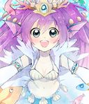  :d animal armlet bad_id bad_pixiv_id blue_background blue_eyes blush breasts cleavage collarbone coral elbow_gloves fish gloves hair_ornament head_fins jewelry leaning leaning_forward long_hair looking_at_viewer medium_breasts mermaid midriff monster_girl navel nkoooch open_mouth purple_hair puzzle_&amp;_dragons shell shell_bikini siren_(p&amp;d) skirt smile solo tiara underwater white_gloves 