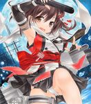  armpits bangs blush brown_eyes brown_hair fang fingerless_gloves full_moon gloves kantai_collection moon open_mouth panties remodel_(kantai_collection) scarf sendai_(kantai_collection) shikishi solo torpedo underwear white_scarf yukitsuki_kokoro 