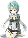  blue_eyes blue_hair scarf short_hair short_shorts shorts sinon sitting solo sword_art_online tsuru_(tsubasa1993621) 