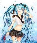  aki99 aqua_eyes aqua_hair bottle_miku crop_top crop_top_overhang fish hatsune_miku highres liquid_hair long_hair midriff one_eye_closed school_uniform serafuku shiny shiny_skin solo twintails vocaloid wading water 