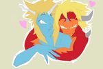  &lt;3 ambiguous_gender anthro asathedragon buddyfight dragon drum_(buddyfight) duo eyelashes hair horn kinous_axia male nude plain_background red_dragon reptile scalie sharp_teeth smile teeth 