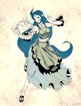  ahoge blue_eyes blue_hair breasts detached_sleeves genzoman harp instrument jewelry long_hair medium_breasts nayru neck_ring pendant pointy_ears sandals skirt skirt_set solo the_legend_of_zelda the_legend_of_zelda:_oracle_of_ages tiara toes very_long_hair 