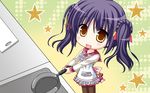  1girl 3-nin_iru! bell blush chibi game_cg nakase_nagisa open_mouth purple_hair short_hair smile suzui_narumi yellow_eyes 