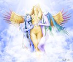  3girls blue_skin cloud clouds colored_pubic_hair eyes_closed final_fantasy final_fantasy_viii head_back lesbian multicolored_hair multiple_girls nude pointy_ears pubic_hair shiva_(final_fantasy) siren_(final_fantasy) sky sun_rays wings_on_head yuri 