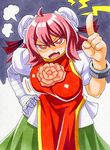  bandages breasts bright_pupils bun_cover chinese_clothes cuffs double_bun fang finger_wagging flower hand_on_hip ibaraki_kasen kawachi_koorogi large_breasts marker_(medium) open_mouth pink_hair red_eyes rose scolding short_hair solo tabard touhou traditional_media 