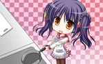  1girl 3-nin_iru! bell blush game_cg nakase_nagisa open_mouth purple_hair short_hair smile suzui_narumi yellow_eyes 