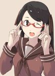  ;d adjusting_eyewear black_eyes black_hair glasses kamukamu_(ars) kantai_collection long_hair looking_at_viewer mikuma_(kantai_collection) one_eye_closed open_mouth school_uniform semi-rimless_eyewear serafuku simple_background smile solo under-rim_eyewear upper_body 