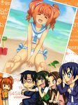  4girls ^_^ ^o^ bare_arms bare_legs barefoot beach blood blue_sky bucket closed_eyes cloud commentary day dutch_angle gaijin_4koma highres hisa_tsuki horizon idolmaster idolmaster_(classic) kisaragi_chihaya meme minase_iori multiple_girls nosebleed open_mouth otonashi_kotori pantyhose photo_(object) producer_(idolmaster_anime) sand scratching_head shovel sky soles sparkling_eyes swimsuit takatsuki_yayoi thighhighs water ||_|| 