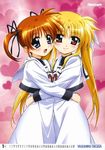  2girls blonde_hair blue_eyes blush fate_testarossa hair_ornament heart hug looking_at_viewer lyrical_nanoha mahou_shoujo_lyrical_nanoha mahou_shoujo_lyrical_nanoha_a&#039;s mahou_shoujo_lyrical_nanoha_a's multiple_girls newtype official_art okuda_yasuhiro orange_hair red_eyes smile takamachi_nanoha yuri 