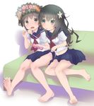  bad_id bad_pixiv_id barefoot black_eyes black_hair couch feet flower food green_eyes hair_flower hair_ornament head_wreath highres long_hair mouth_hold multiple_girls navel open_mouth pocky rou+ sakugawa_school_uniform saten_ruiko school_uniform serafuku short_hair sitting skirt soles strawberry_pocky to_aru_kagaku_no_railgun to_aru_majutsu_no_index toes uiharu_kazari 