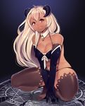  bare_shoulders black_gloves blonde_hair breasts brown_eyes cleavage dark_skin demon_girl demon_horns detached_collar elbow_gloves front-tie_top gloves highres horns lace-trimmed_legwear large_breasts lips long_hair loyproject magic_circle mole mole_under_eye no_shoes original revealing_clothes smile solo squatting succubus thighhighs v_arms 