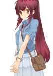  bag bracelet brown_eyes fikusipu handbag hands_clasped jewelry long_hair looking_at_viewer own_hands_together ponytail red_hair smile solo sugiura_ayano yuru_yuri 