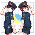  ^_^ bad_id bad_pixiv_id black_hair blue_eyes child closed_eyes free! grin hat holster ichinose777 male_focus matsuoka_rin multiple_boys nanase_haruka_(free!) police police_hat police_uniform red_hair shorts smile uniform younger 