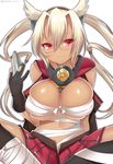  bandages blonde_hair breasts dark_skin eyebrows_visible_through_hair glasses gloves hattori_masaki indian_style kantai_collection large_breasts long_hair looking_at_viewer miniskirt musashi_(kantai_collection) pointy_hair red_eyes sitting skirt smile solo thighhighs two_side_up 