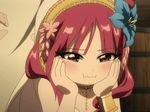  1girl :t animated animated_gif barrel blush embarrassed flower hair_flower hair_ornament jewelry lots_of_jewelry magi_the_labyrinth_of_magic morgiana necklace pout red_hair 