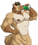  animal_genitalia anthro balls beverage hyena maldu male mammal muscular muscular_male nude pecs sheath simple_background solo standing white_background 