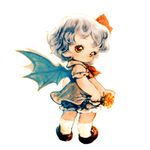  bat_wings black_dress bloomers colored_pencil_(medium) dress flower hair_ribbon looking_at_viewer looking_back puffy_short_sleeves puffy_sleeves red_eyes remilia_scarlet ribbon shirt short_sleeves silver_hair smile solo souri touhou traditional_media underwear wings younger 