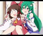  2girls :d armpits ascot bare_shoulders blush bow breasts brown_hair bwell crying crying_with_eyes_open detached_sleeves flying_teardrops frog_hair_ornament green_eyes green_hair hair_bow hair_ornament hair_tubes hakurei_reimu heart knees_together_feet_apart kochiya_sanae laughing legs letterboxed long_hair medium_breasts multiple_girls navel o_o open_mouth sarashi sitting skirt skirt_set smile snake_hair_ornament tears tickling touhou very_long_hair vest wariza wide-eyed 