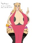  alcohol anthro areola beverage big_breasts breasts champagne cheetah clothed clothing curvaceous dialogue english_text feline female huge_breasts hyper hyper_breasts legwear looking_at_viewer makeup mammal plankboy smile solo standing stockings text thick_thighs 