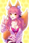  animal_ears bow breasts casual cleavage detached_sleeves fate/extra fate_(series) fox_ears fox_shadow_puppet fox_tail hair_bow hair_ribbon haryu-sokoheki large_breasts pink_hair ribbon shirt solo striped striped_shirt tail tamamo_(fate)_(all) tamamo_no_mae_(fate) twintails yellow_eyes 