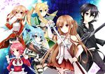  5girls asuna_(sao) dragon fairy_wings fingerless_gloves gloves gun hammer kirito leafa lisbeth long_hair multiple_girls nadam pgm_hecate_ii pina_(sao) pointy_ears rifle scarf short_hair silica sinon sniper_rifle sword_art_online weapon wings 