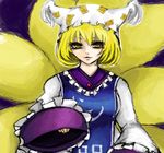  arufe blonde_hair eyebrows_visible_through_hair eyelashes eyes_visible_through_hair faux_traditional_media foreshortening fox_tail frilled_shirt_collar frilled_sleeves frills hat long_sleeves looking_at_viewer multiple_tails ofuda parted_lips pillow_hat purple_background short_hair sleeves_past_wrists solo tabard tail tassel touhou upper_body v-shaped_eyebrows wide_sleeves yakumo_ran yellow_eyes 