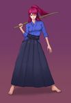  :&lt; barefoot bokken contrapposto dougi feet hakama highres japanese_clothes kendo long_hair namatama original over_shoulder ponytail purple_background red_hair simple_background solo standing sword sword_over_shoulder tied_hair weapon weapon_over_shoulder wooden_sword 