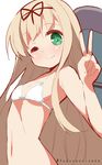  9law bangs bikini blonde_hair blush flat_chest highres kantai_collection long_hair looking_at_viewer navel one_eye_closed smile solo swimsuit v yuudachi_(kantai_collection) 