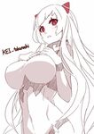  airfield_hime blush breast_suppress breasts horns kantai_collection large_breasts lineart long_hair monochrome red_eyes shinkaisei-kan simple_background solo spot_color standing takanashi_kei_(hitsujikan) twitter_username very_long_hair white_background white_hair 