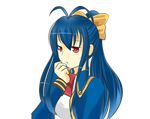  antenna_hair blazblue blazblue_remix_heart blue_hair blush boa_(brianoa) bow genderswap genderswap_(mtf) hair_bow long_hair mai_natsume ponytail red_eyes school_uniform solo transparent_background yellow_bow 