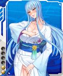  1girl blue_hair blush breasts card_(medium) fei_(maidoll) female japanese_clothes kimono large_breasts lilith-soft solo taimanin_asagi taimanin_asagi_battle_arena yellow_eyes yukionna_inochi 