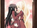  2girls black_hair blonde_hair blue_eyes blush chibi embarrassed game_cg hug kirishima_shizuku long_hair multiple_girls peko red_eyes shitogi_eris smile sono_hanabira_ni_kuchizuke_wo very_long_hair yuri 