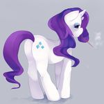  blue_eyes butt cutie_mark female friendship_is_magic fur hair hi_res hooves long_hair looking_at_viewer looking_back loyproject makeup my_little_pony purple_hair rarity_(mlp) smoke smoking solo standing white_fur 