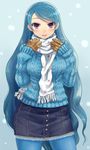  7th_dragon 7th_dragon_(series) aran_sweater blue_hair blue_legwear blush breasts contemporary denim denim_skirt eland gloves large_breasts long_hair melk_(7th_dragon) pantyhose purple_eyes rogue_(7th_dragon) scarf skirt smile snowing solo sweater very_long_hair winter_clothes 