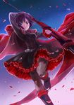  black_dress black_footwear brown_hair cape crescent_rose dress emusa from_below gothic_lolita green_eyes grey_legwear holding holding_weapon leg_up lolita_fashion looking_at_viewer pantyhose petals petticoat red_cape ruby_rose rwby scythe solo standing standing_on_one_leg weapon 