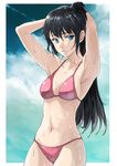  absurdres armpits arms_behind_head bad_id bad_pixiv_id bikini black_hair blue_eyes highres long_hair navel original ponytail puma_(hyuma1219) solo standing striped swimsuit vertical-striped_bikini vertical_stripes very_long_hair wet 