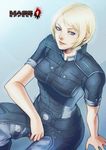  bangs blonde_hair blue_eyes bodysuit commander_shepard commander_shepard_(female) jeanne_kongphengta lips mass_effect short_hair short_sleeves sitting solo swept_bangs uniform 