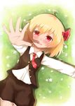  ahoge blonde_hair blush flower from_above grass hair_ribbon koji_(kohei66) long_sleeves looking_at_viewer lying necktie on_back open_mouth outstretched_arm outstretched_hand pink_eyes red_neckwear ribbon rumia shirt skirt skirt_set smile solo touhou vest 