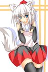  :o animal_ears bare_shoulders black_legwear blush fingerless_gloves gloves hat highres inubashiri_momiji looking_away open_mouth paw_pose pom_pom_(clothes) red_eyes reddo9 short_hair silver_hair solo tail thighhighs tokin_hat touhou wolf_ears wolf_tail 