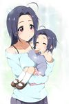  ahoge carrying child child_carry closed_eyes hitotsuki_nanoka idolmaster idolmaster_(classic) kneehighs mary_janes miura_azusa mother_and_daughter multiple_girls purple_hair red_eyes shoes sleeping smile thumb_sucking white_legwear 