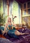  a_song_of_ice_and_fire anklet barefoot bird breasts cleavage daenerys_targaryen dragon dress drogon jewelry long_hair medium_breasts peacock pillow realistic rhaegal shilesque sitting viserion white_hair 