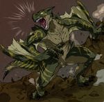  88po abs ambiguous_gender anthro capcom claws dragon looking_at_viewer monster_hunter muscles nude open_mouth pecs pseudo_wyvern roaring saliva scales scalie sharp_teeth solo stripes teeth tigrex toned video_games wings wyvern yellow_eyes 