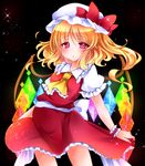  :/ ascot black_background blonde_hair contrapposto flandre_scarlet hat hat_ribbon juemid_luna looking_at_viewer mob_cap puffy_short_sleeves puffy_sleeves red_eyes ribbon short_hair short_sleeves side_ponytail skirt skirt_hold skirt_set solo sparkle standing touhou wind wrist_cuffs 
