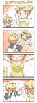  1girl 4koma alternate_hairstyle bare_arms bare_shoulders bike_shorts blush breasts brother_and_sister chemise cleavage collarbone comic commentary covering_eyes embarrassed hair_ornament hairclip headband headphones heavy_breathing kagamine_len kagamine_rin lying medium_breasts midriff minami_(colorful_palette) navel open_mouth siblings sweat training translated twins vocaloid |_| 